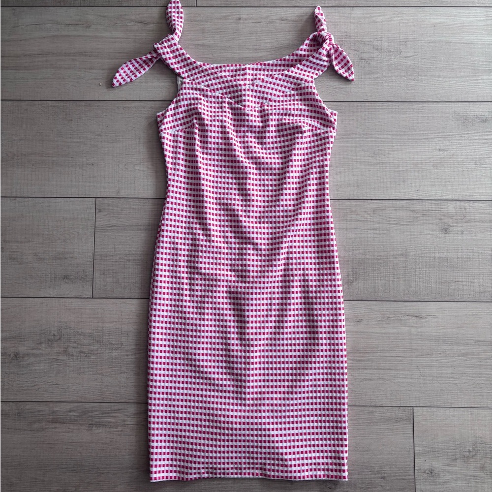 New York & Company Stretch Sleeveless Red Gingham Tie-Shoulder Midi Dress S